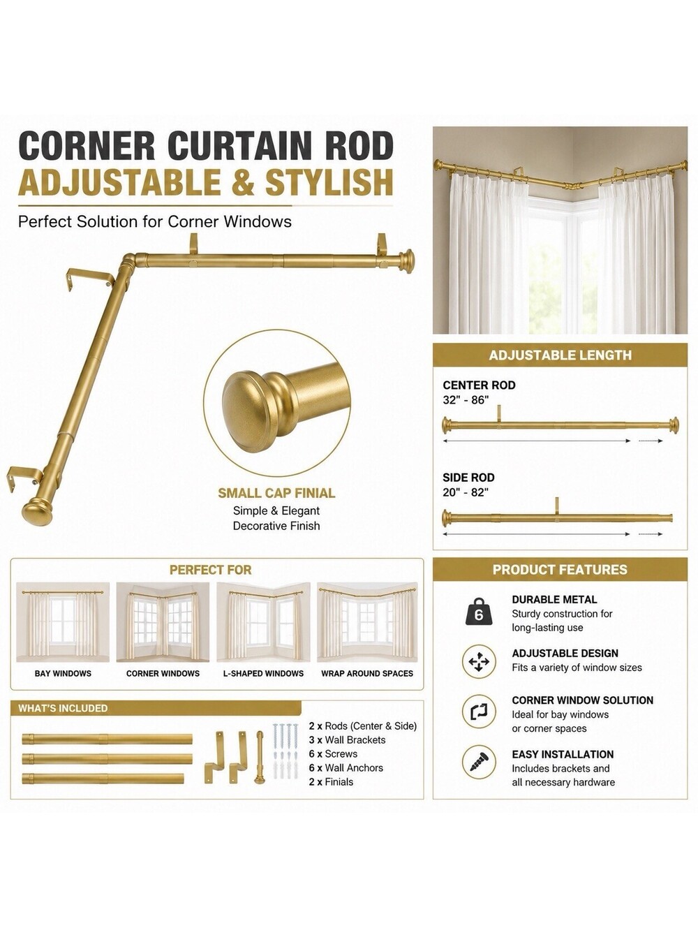 32-86 Inch Gold Corner Curtain Rod L Shaped Heavy Duty Metal Window Rod